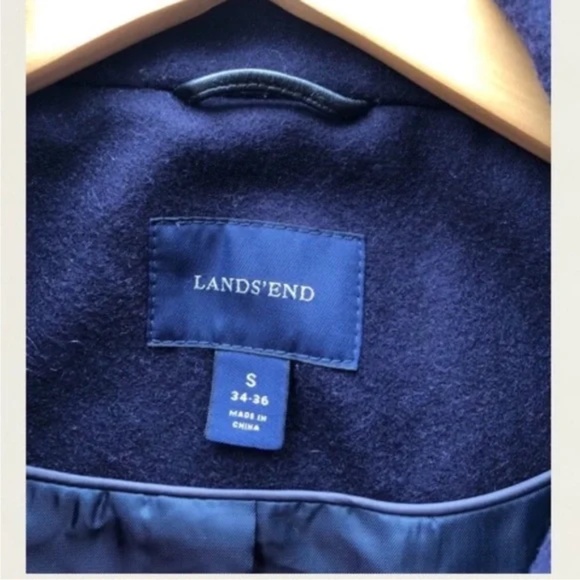 Lands' End Men's Wool Top Coat Navy Blue Overcoat Leather Trim Sz:S (34-36) *NEW - Picture 5 of 5